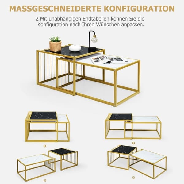 2 x sidobordsset, soffbord, modernt sidobord i marmor, gul + svart + vit