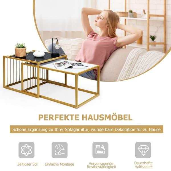 2 x sidobordsset, soffbord, modernt sidobord i marmor, gul + svart + vit