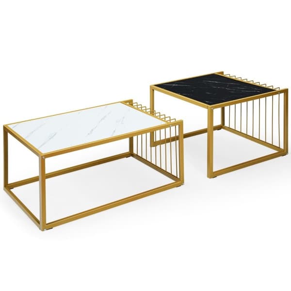 2 x sidebord sett, salongbord, marmor moderne sidebord, gul + svart + hvit