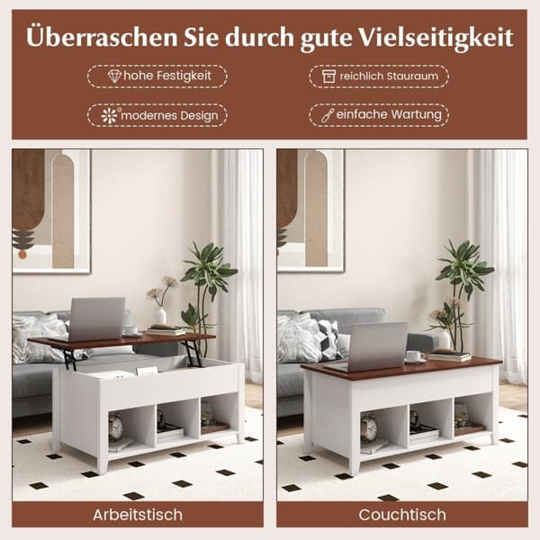 Sofabord med opbevaringsplads til løfteplade & 3 åbne hylder, højdejusterbar 104,5 x 49 x 48-62,5 cm hvid