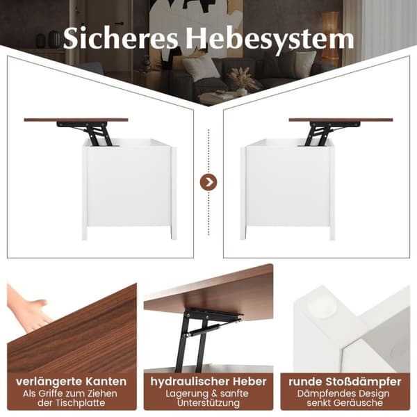 Sofabord med opbevaringsplads til løfteplade & 3 åbne hylder, højdejusterbar 104,5 x 49 x 48-62,5 cm hvid