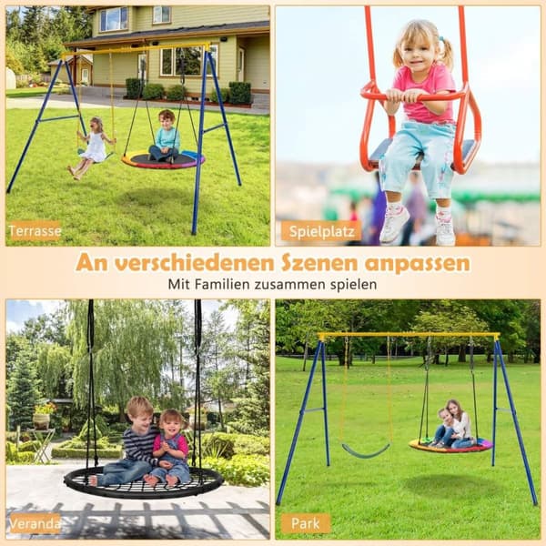 Gyngestel med A-ramme dobbeltgynge metalstel 249 x 185 x 181,5 cm blå + gul