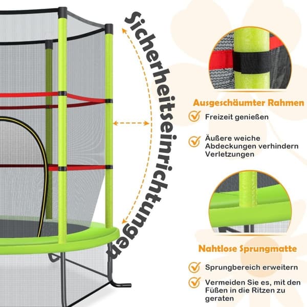 Ø140 cm trädgårdstrampolin med skyddsnätstrampolin kan hålla upp till 135 kg för barn från 3 år och uppåt grönt