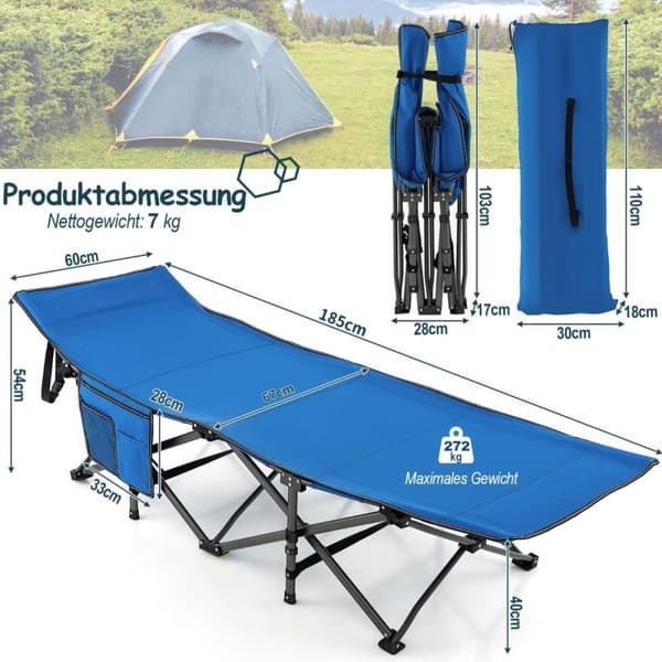 Campingseng, slidstærk rejseseng med nakkestøtte, 190 x 70 x 54 cm, blå
