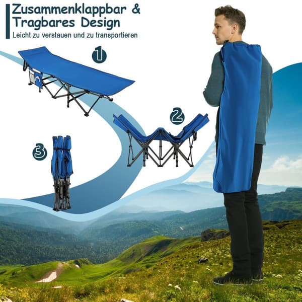 Campingseng, slidstærk rejseseng med nakkestøtte, 190 x 70 x 54 cm, blå