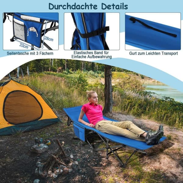 Campingseng, slitesterk reiseseng med nakkestøtte, 190 x 70 x 54 cm, blå