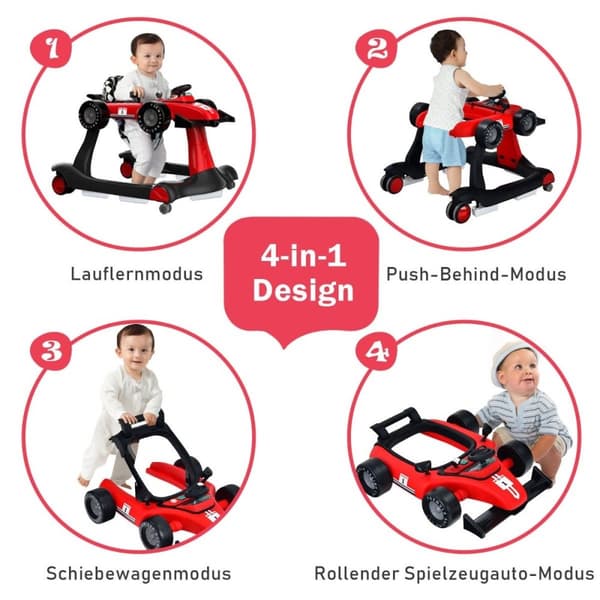 4 in 1 -kävelyvaunu taittuva kävelytuoli säädettävällä korkeudella punainen