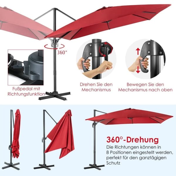 Paraply med 3 vippeinnstillinger for hager, terrasser, kafeer, 300 x 300 x 273 cm, vinrød