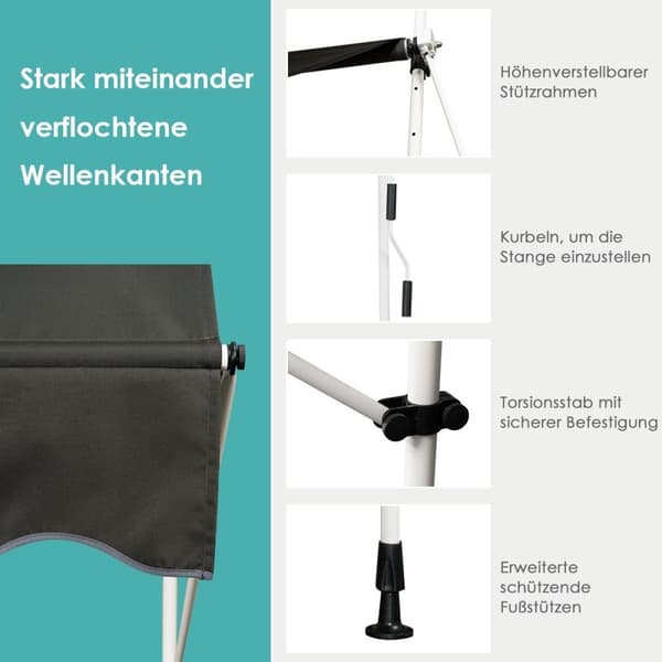 Uttrekkbar solskjerming med sveiv, høydejusterbar markise 150 x 120 cm grå