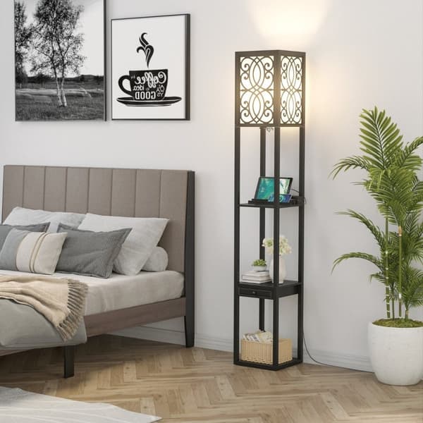 Gulvlampe med hyller og skuff til stue soverom 26 x 26 x 160,5 cm svart