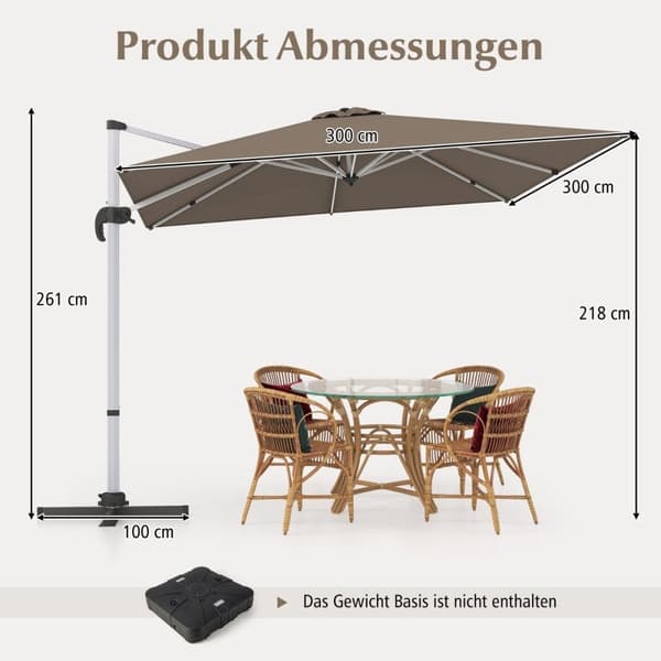 Markkinavarjo kampella ja 360° pyörivällä puutarha- ja allasalueille 300 x 300 cm ruskea