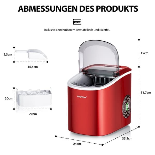 Isterningmaskine 2,2 L isterningemaskine med kugleformede isterninger 24,5 x 35,5 x 32 cm rød