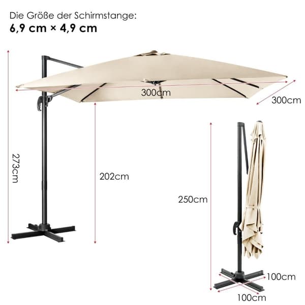 Parasoll med 3 tiltinnstillinger for hager, terrasser, kafeer, 300 x 300 x 273 cm, beige