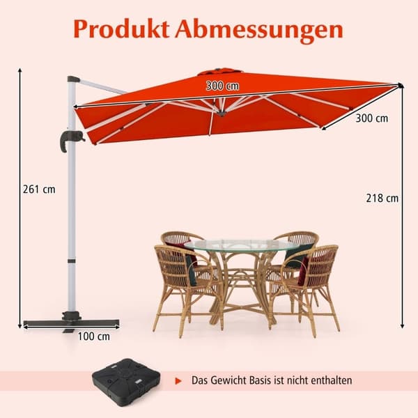 Patio sateenvarjo ristijalustalla ja 360° kierto puutarha- ja allasalueille 300 x 300 x 261 cm Burgundy