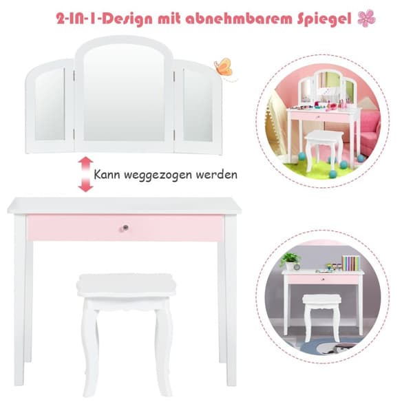Sminkbordsset barn 2 i 1 med trippel hopfällbar spegel och låda vit