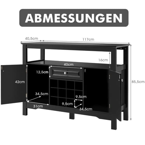 Moderne spisestuebuffet med vinstativ og skap og skuff 117 x 40,5 x 82,5 cm svart