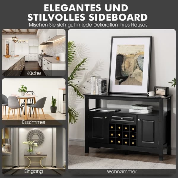 Moderne spisestuebuffet med vinstativ og skap og skuff 117 x 40,5 x 82,5 cm svart
