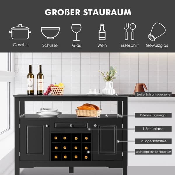 Moderne spisestuebuffet med vinstativ og skap og skuff 117 x 40,5 x 82,5 cm svart