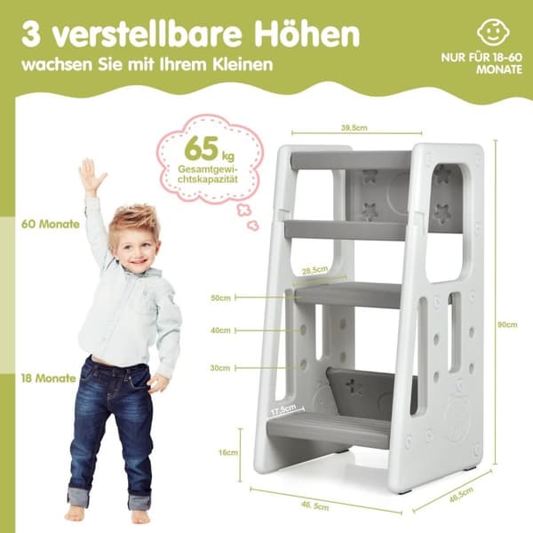 Barnkökspall med dubbla säkerhetshandräcken & 3 justerbara höjder & halkfria fötter Grå
