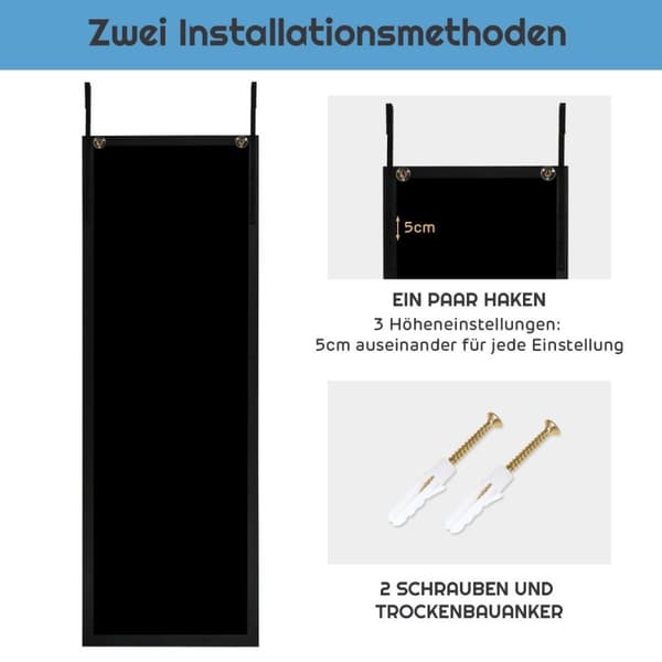 120 x 37 cm väggspegel dörrspegel med höjdjusterbara hängkrokar spegel för sovrum