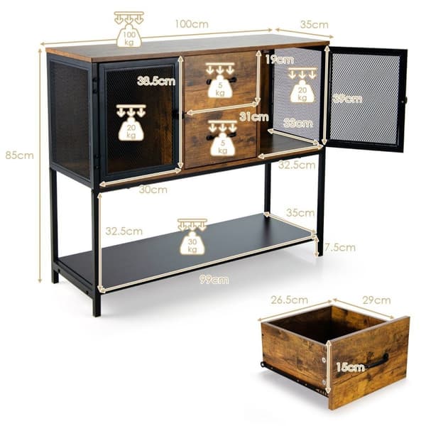 Industriell multifunktionell skänk med 2 nätskåp och 2 lådor 100 x 35 x 85 cm