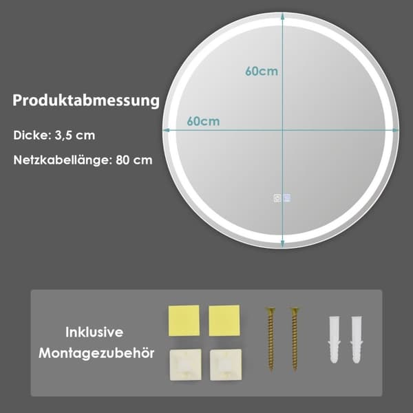 Rundt LED-speil baderomsspeil for veggmontering 3000 K-6000 K Ø 60 cm