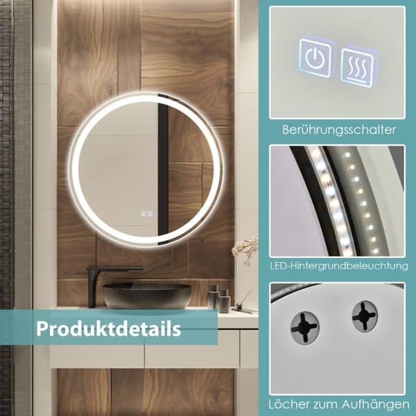 Rundt LED-speil baderomsspeil for veggmontering 3000 K-6000 K Ø 60 cm