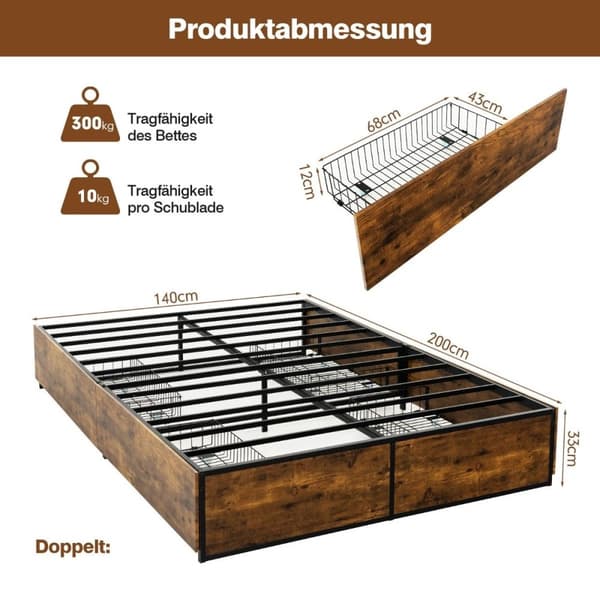 Dobbeltseng Ramme Heavy Duty Metal Seng med 4 skuffer Wooden Base End Rustikk Brun
