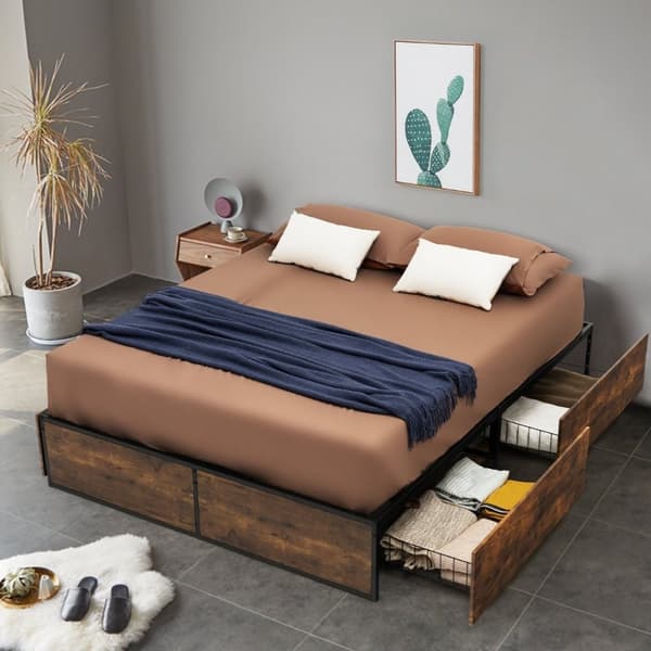 Dobbeltseng Ramme Heavy Duty Metal Seng med 4 skuffer Wooden Base End Rustikk Brun