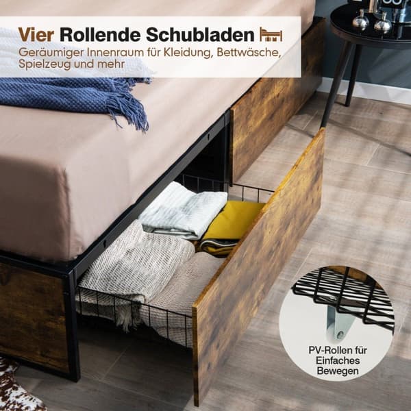 Dobbeltseng Ramme Heavy Duty Metal Seng med 4 skuffer Wooden Base End Rustikk Brun