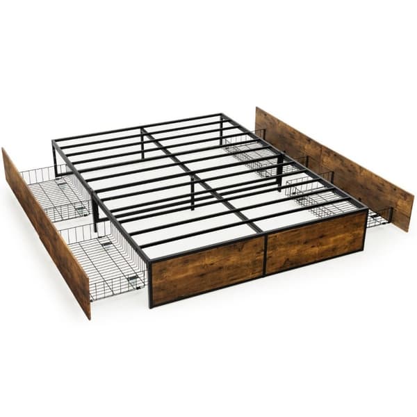 Dobbeltseng Ramme Heavy Duty Metal Seng med 4 skuffer Wooden Base End Rustikk Brun