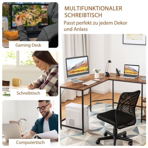 L-formet skrivebord hjemmekontor med 2 hylder 138 x 138 x 75,5 cm kaffebrun + sort