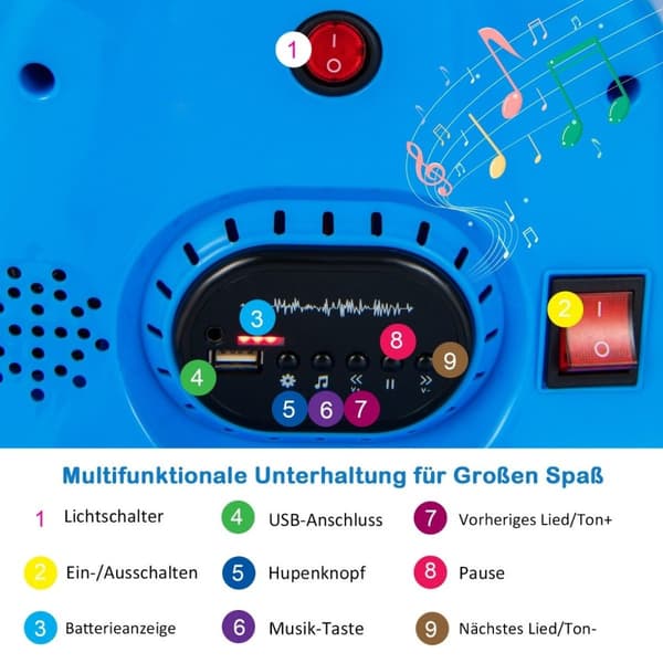 6V børnekofanger 360 graders rotation med musik og farverige LED-lys blå