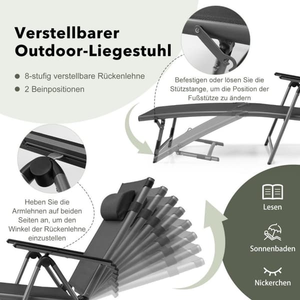 Patio dekkstol utendørs patio stol sammenleggbar solseng med 8 justerbare rygger svart
