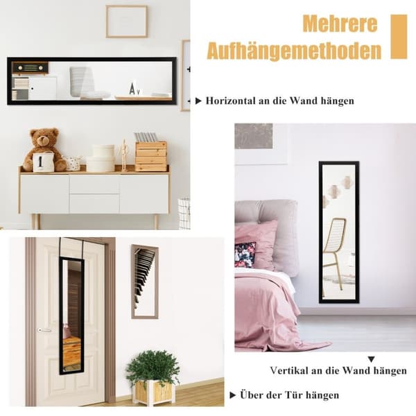 Rektangulært fuldlængde spejl med ophængskrog til dør 33x119cm sort
