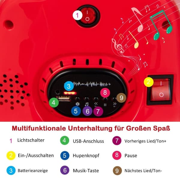 6V børnekofangervogn 360 graders rotation med musik og farverige LED-lys røde
