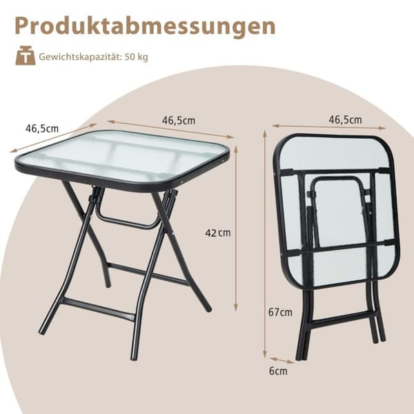 Taitettava patiosivupöytä Neliönmuotoinen lasipöytä ruostumattomalla kehyksellä musta