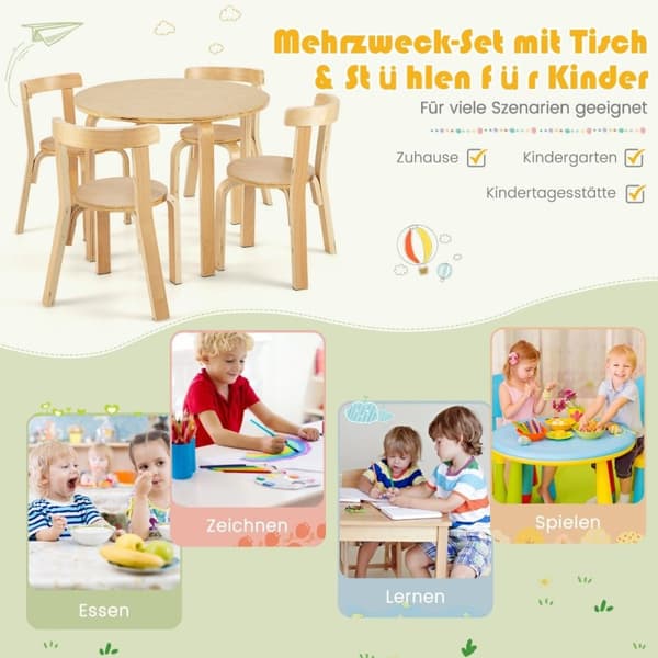 Barnebord trebord med 4 stoler for barn barnebord og stolsett med naturlig ryggstøtte