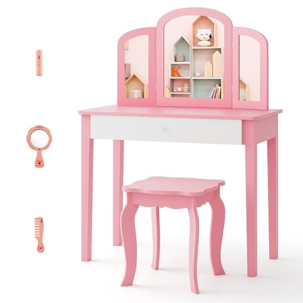 Sminkbord och stolset för barn Sminkbordsset med hopfällbar spegel & låda Rosa + Vit