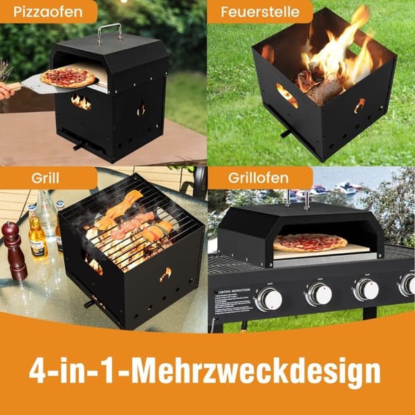 Bärbar multifunktionell 4-i-1 pizzaugn med lock och 2 lager svart