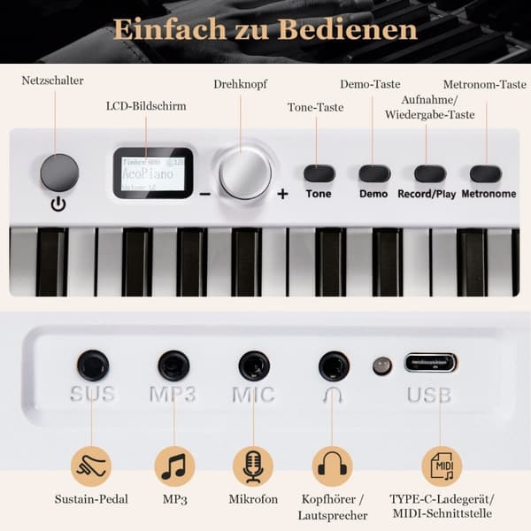 Sammenleggbart E-tastatur Sammenleggbart med 88 opplyste taster Digitalt tastatur Digitalt tastatur Hvit