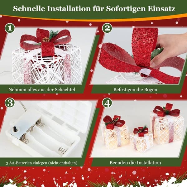 Julklappsförpackningar Set med 3 upplysta presentförpackningar med bågar LED-lampor 6H Timer