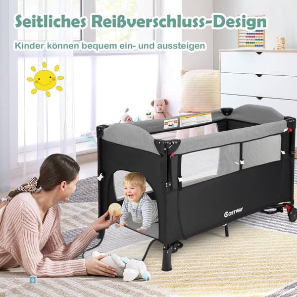 5-i-1 konvertibel babysäng med skötbord och förvaringsväska Svart