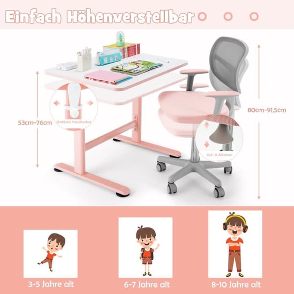 Børnecomputerstol med justerbar højde og selvlåsende hjul til 3-10 år Børn Pink