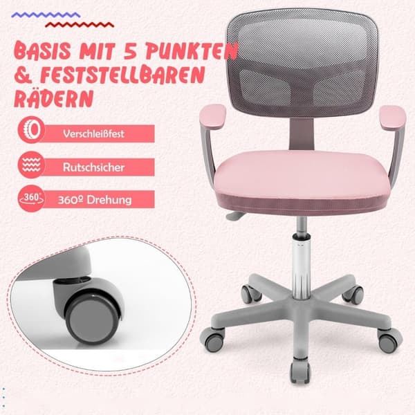 Børnecomputerstol med justerbar højde og selvlåsende hjul til 3-10 år Børn Pink