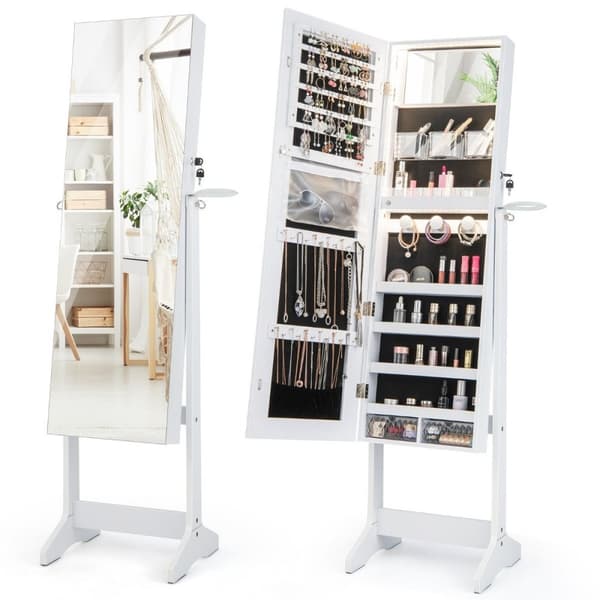 LED smykkeskap med speil i full lengde og sminkespeil 41 x 37 x 156 cm hvit