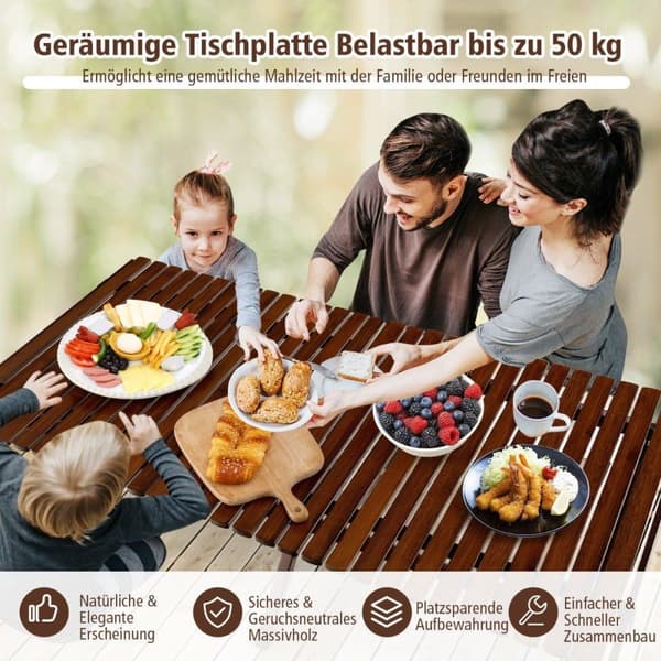 Campingbord sammenleggbart piknikbord med bærepose roll-up bambusbord 122 x 60 x 43,5 cm kaffe