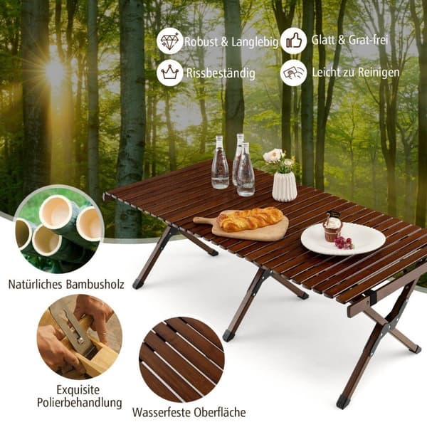 Campingbord sammenleggbart piknikbord med bærepose roll-up bambusbord 122 x 60 x 43,5 cm kaffe