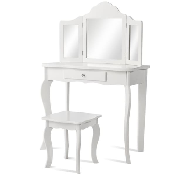 Sminkbord och pallset för barn, sminkbord med låda, spegel, 70 x 34 x 103 cm, vit