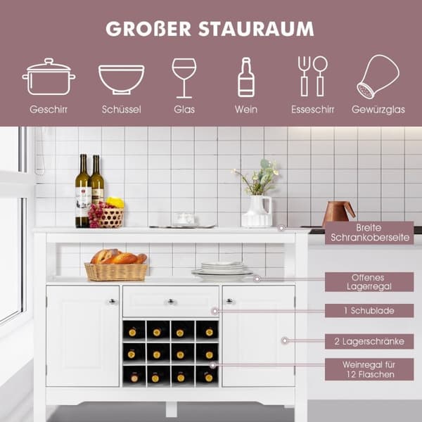 Moderne spisestuebuffé med korsformet vinstativ åpen hylle 2 skap og skuff hvit
